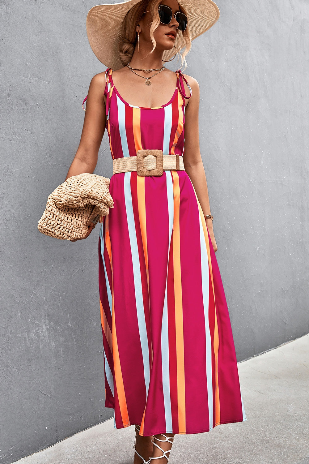 Striped Scoop Neck Cami Dress-Angel Casuals