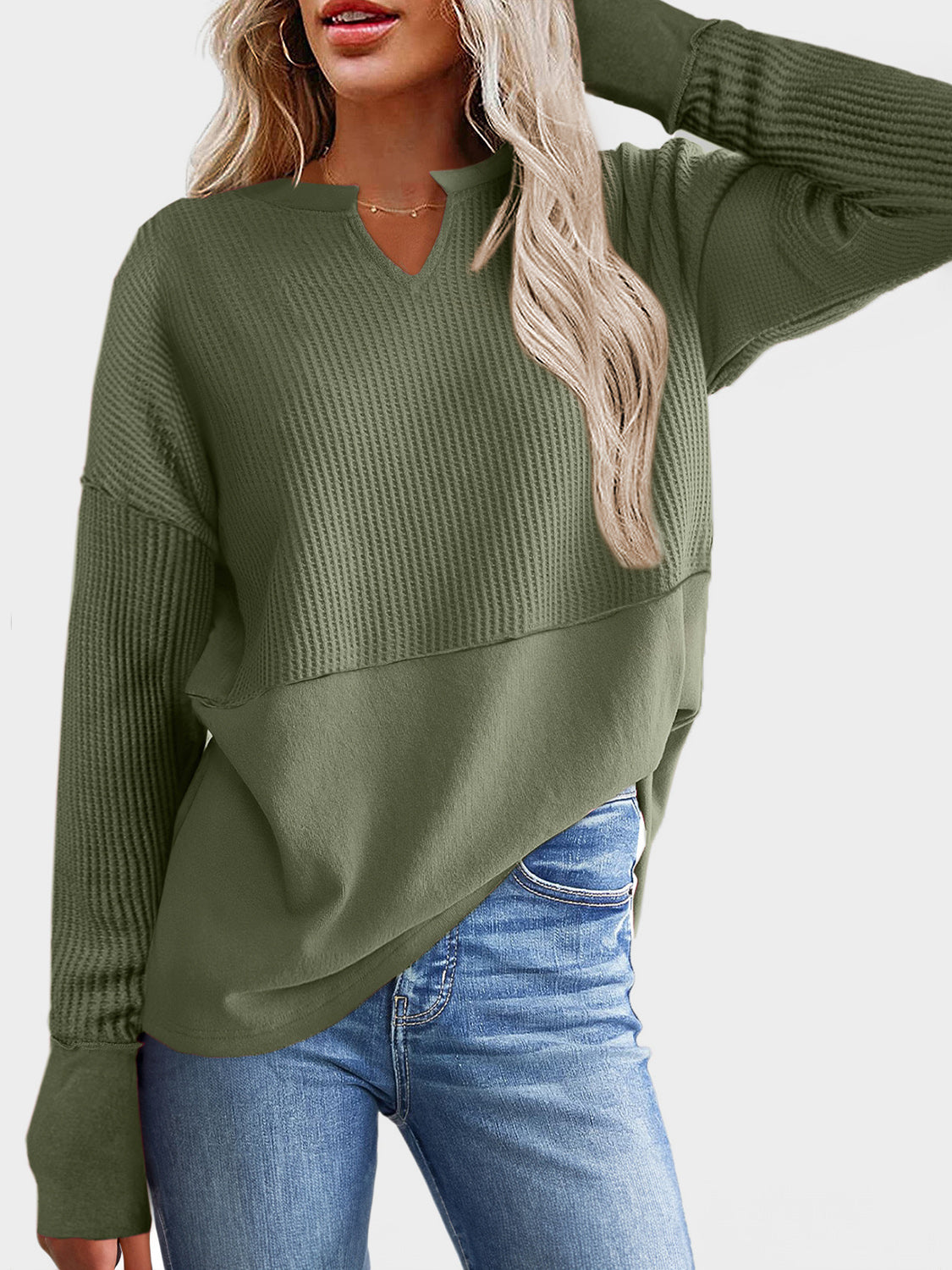 Waffle-Knit Notched Long Sleeve T-Shirt-Angel Casuals