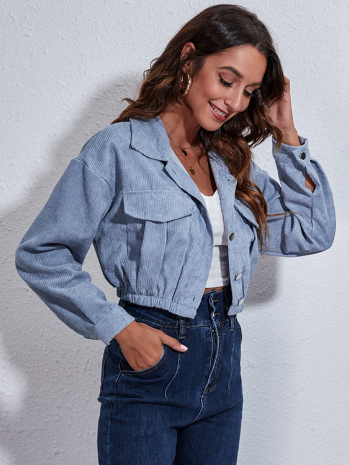 Collared Neck Dropped Shoulder Buttoned Jacket-Angel Casuals