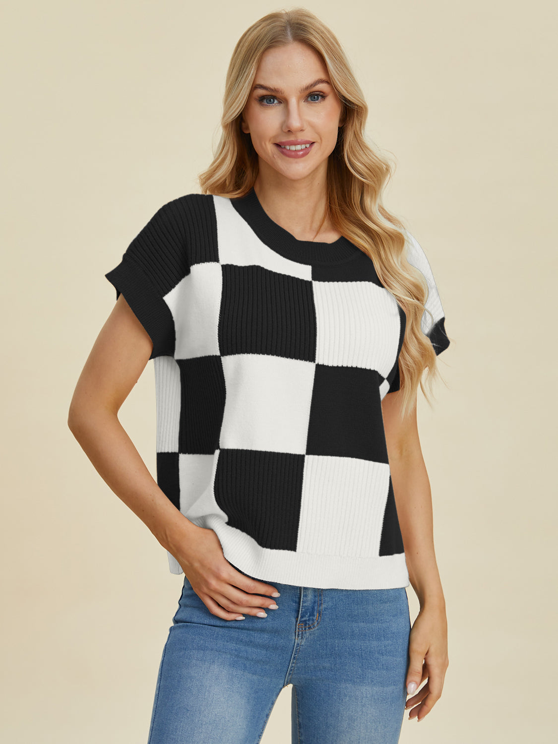 Double Take Full Size Checkered Round Neck Short Sleeve Sweater-Angel Casuals