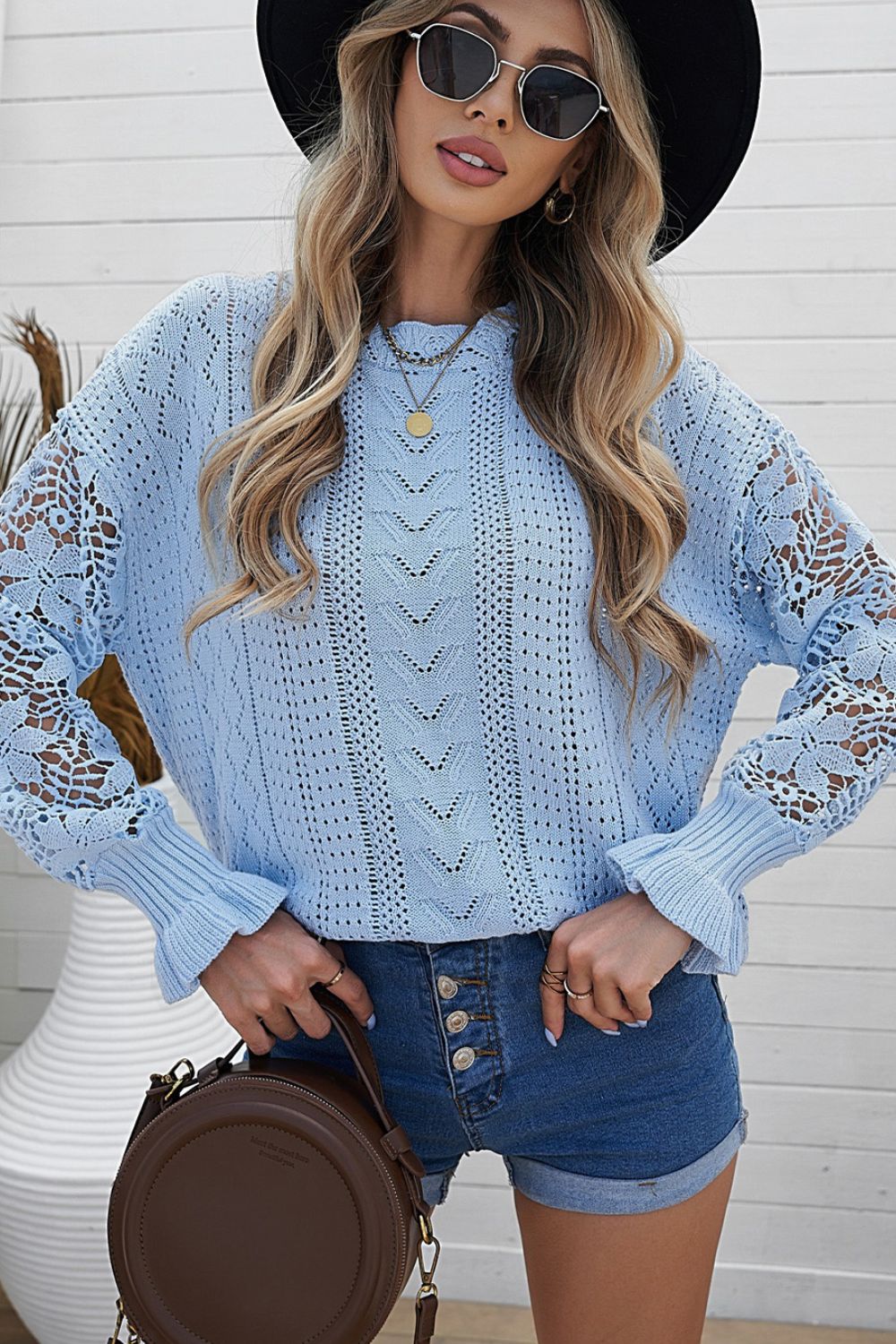 Openwork Round Neck Long Sleeve Sweater-Angel Casuals