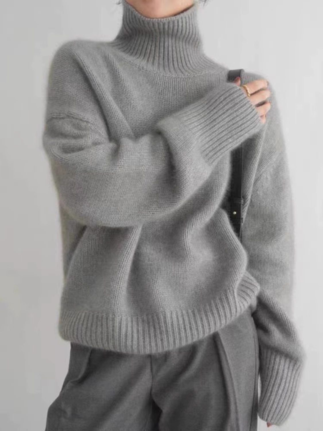 Turtleneck Dropped Shoulder Long Sleeve Sweater-Angel Casuals