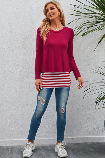 Full Size Striped Faux Layered Long Sleeve Top-Angel Casuals