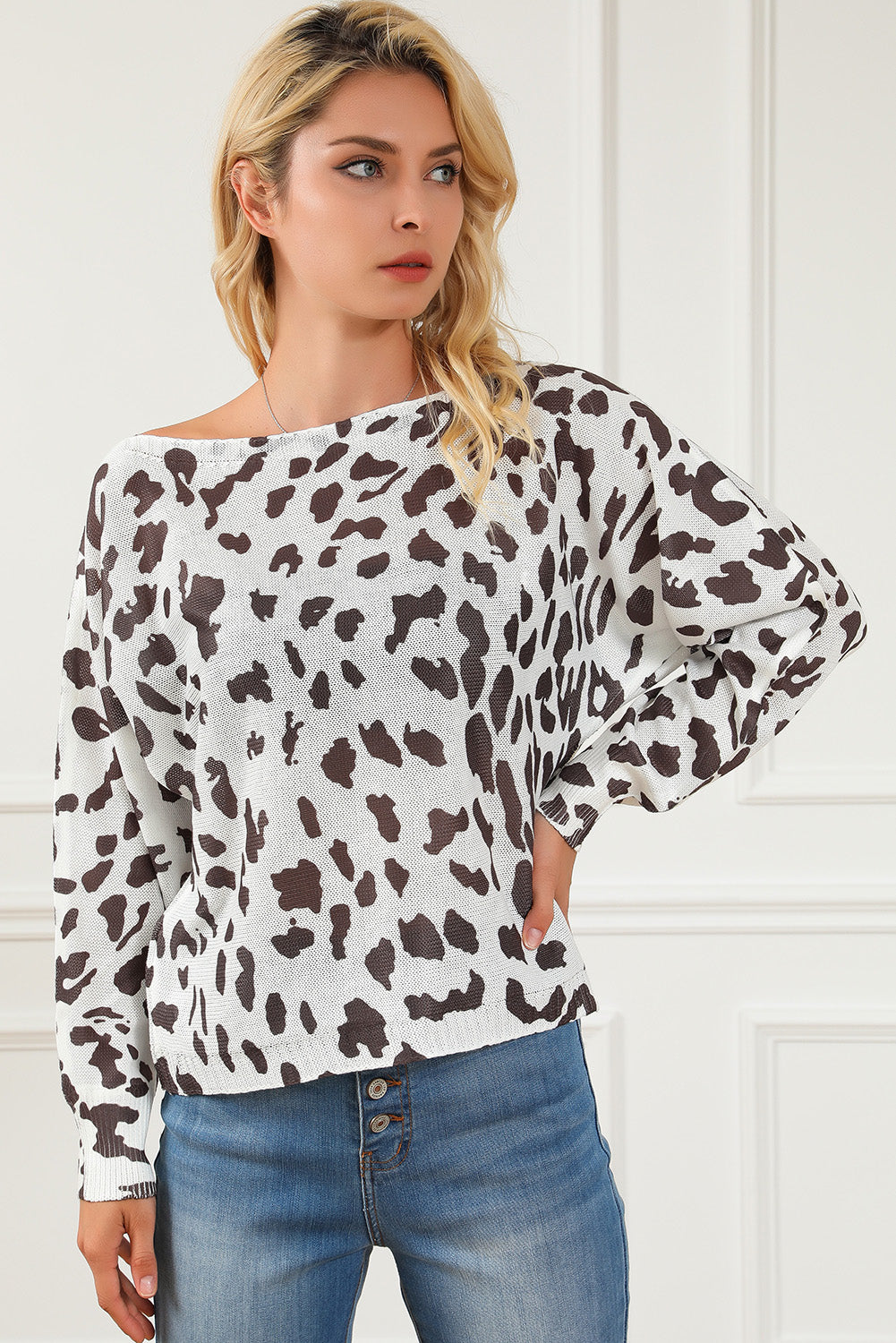 Leopard Boat Neck Long Sleeve Sweater-Angel Casuals