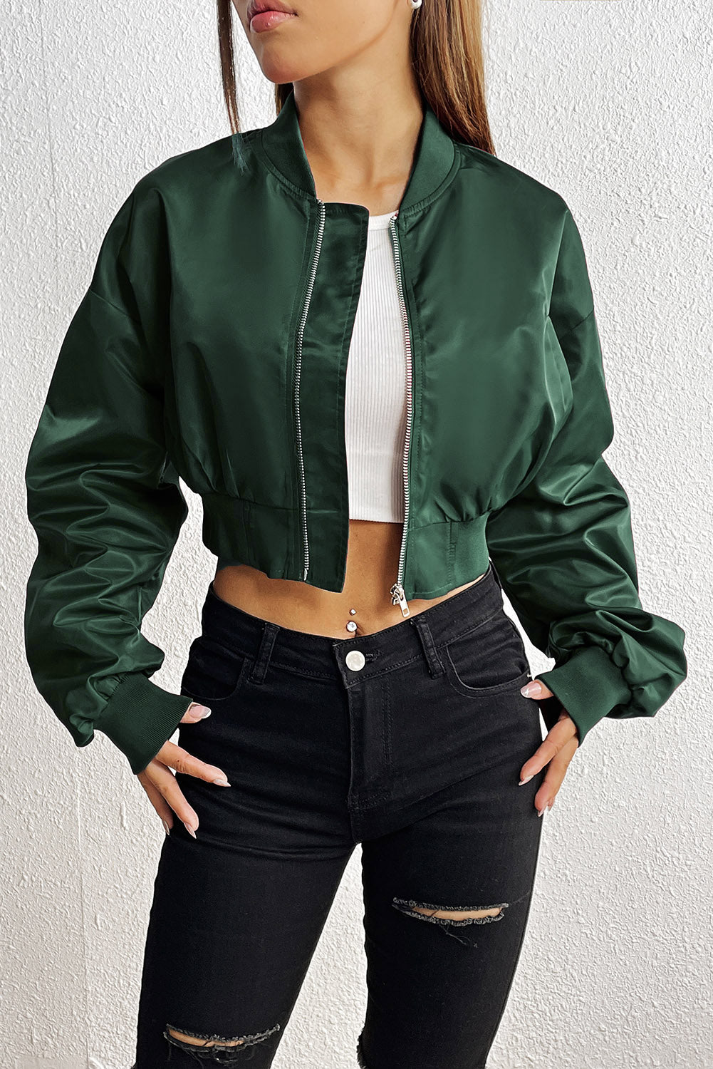 Zip-Up Ruched Cropped Jacket-Angel Casuals