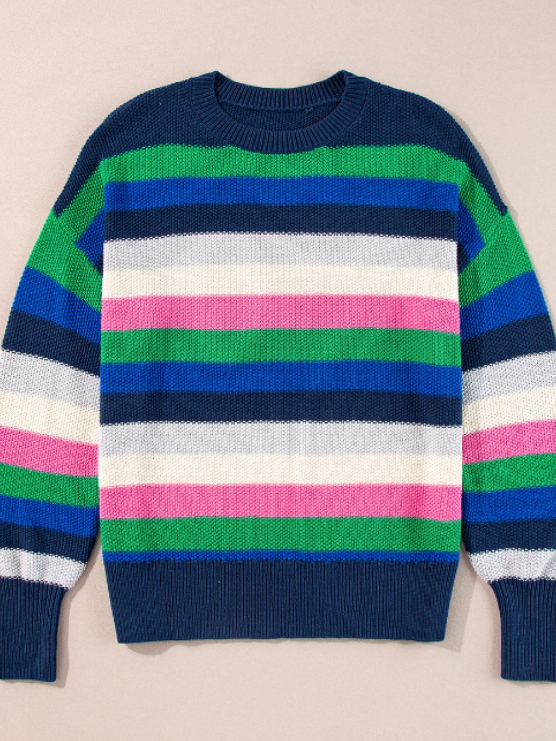 Contrast Striped Round Neck Long Sleeve Sweater-Angel Casuals