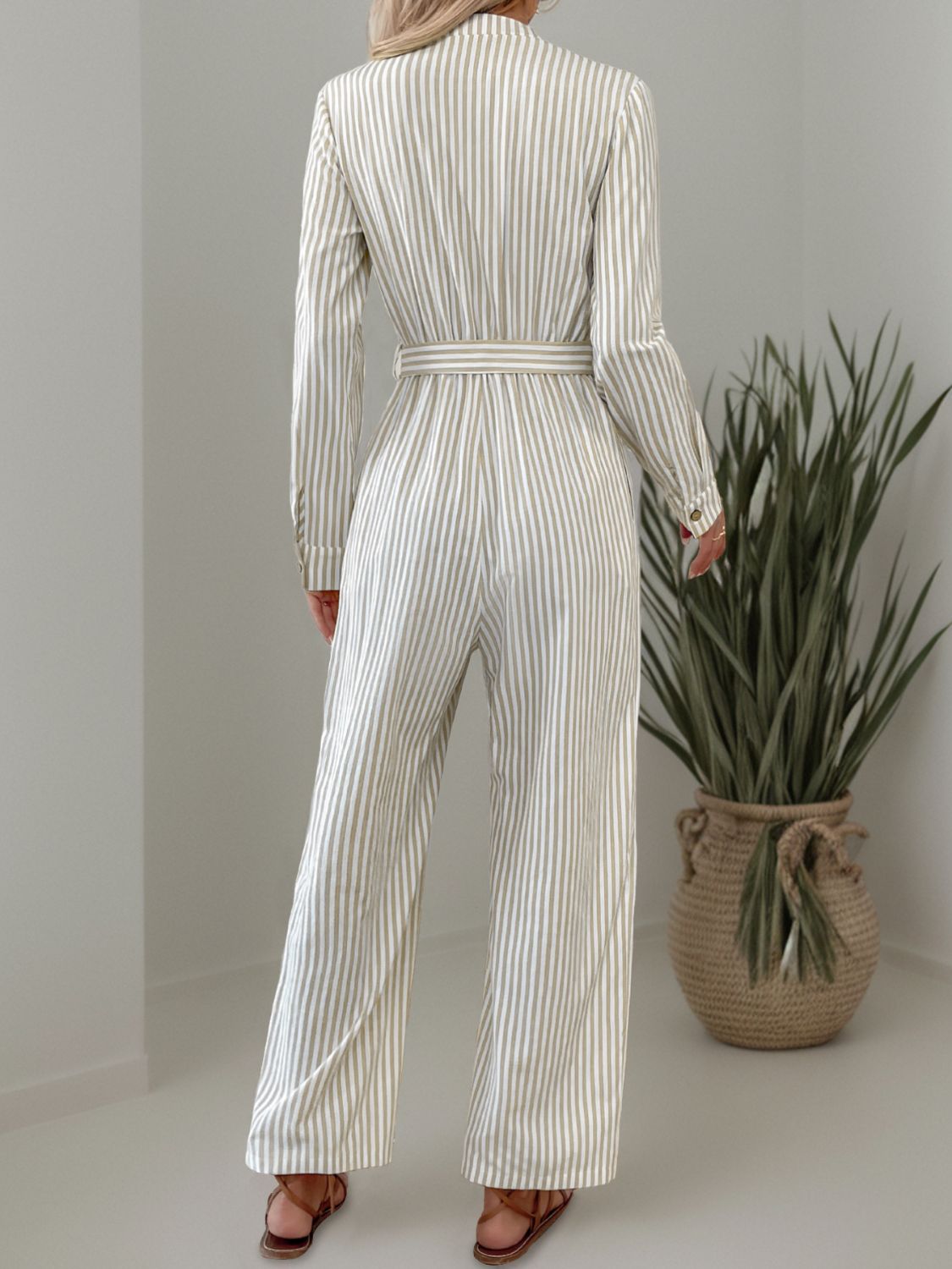 Striped Notched Long Sleeve Tie Waist Jumpsuit-Angel Casuals