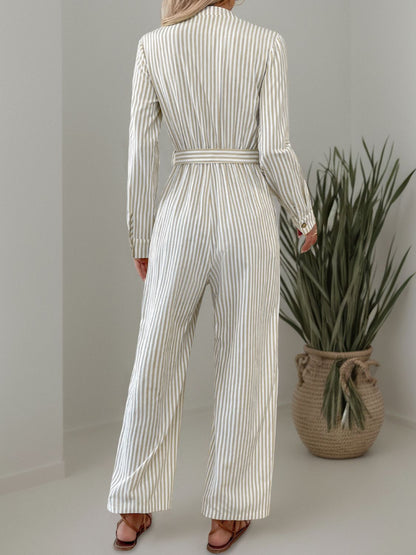 Striped Notched Long Sleeve Tie Waist Jumpsuit-Angel Casuals