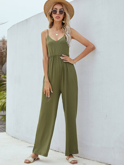 Adjustable Spaghetti Strap Jumpsuit with Pockets-Angel Casuals