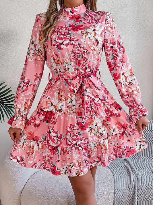 Printed Mock Neck Flounce Sleeve Mini Dress-Angel Casuals