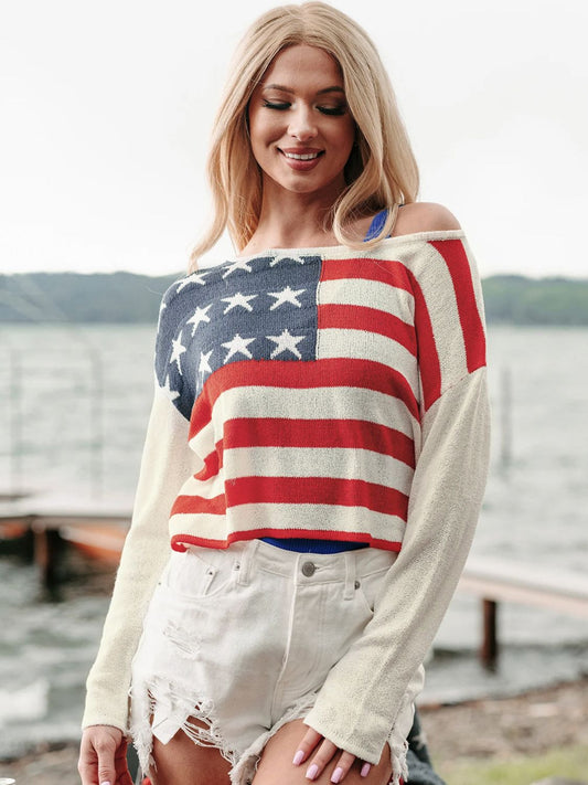 Perfee US Flag Boat Neck Long Sleeve Knit Top-Angel Casuals