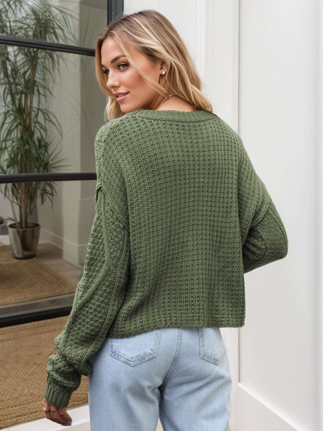 Cable-Knit Round Neck Dropped Shoulder Sweater-Angel Casuals