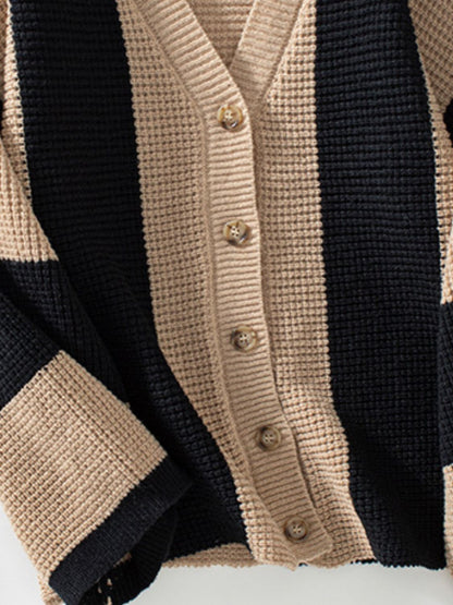 Waffle-Knit V-Neck Striped Long Sleeve Cardigan-Angel Casuals