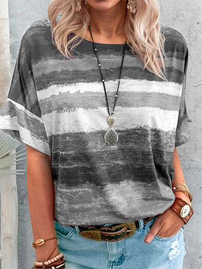 Full Size Color Block Round Neck Half Sleeve T-Shirt-Angel Casuals