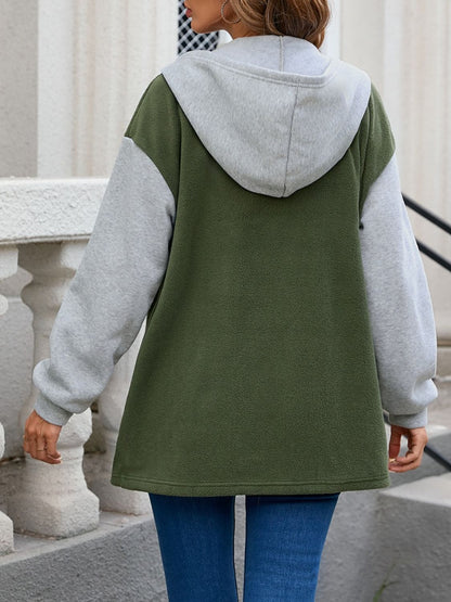 Pocketed Contrast Snap Down Hooded Jacket-Angel Casuals