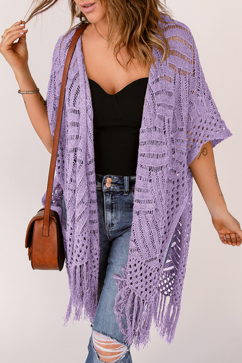 Openwork Open Front Cardigan with Fringes-Angel Casuals