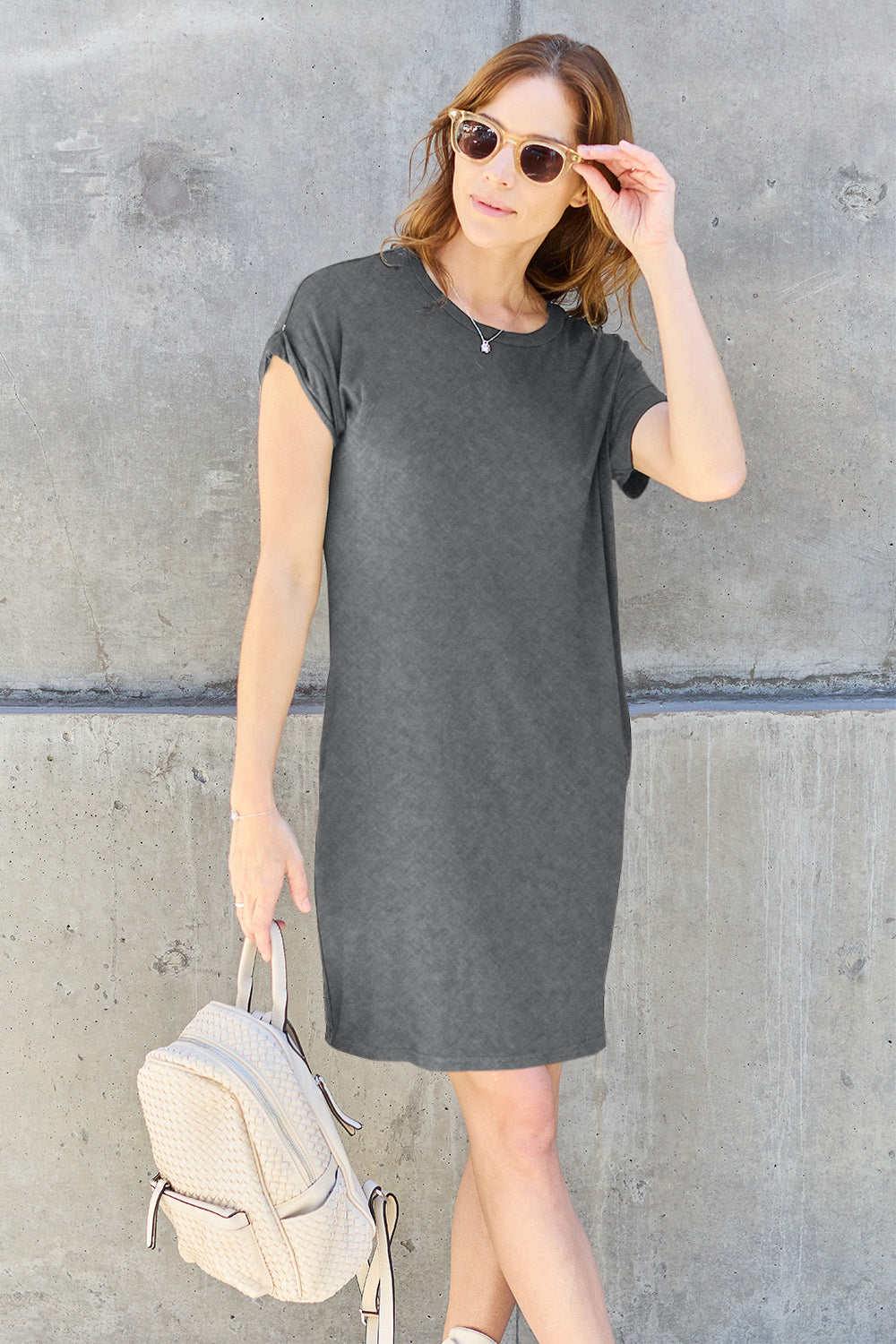 Basic Bae Full Size Round Neck Short Sleeve Dress with Pockets-Angel Casuals