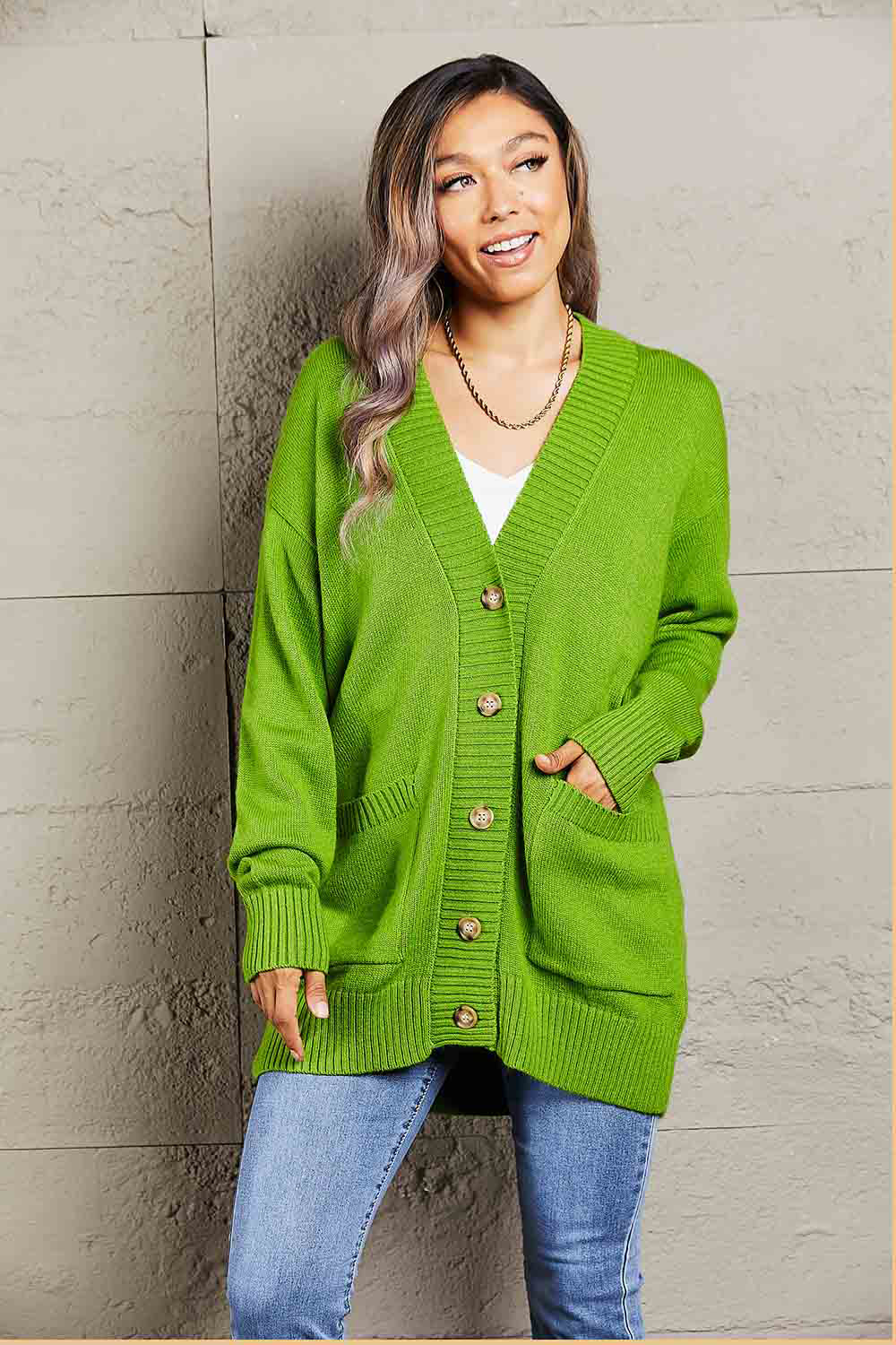 Ribbed Trim Dropped Shoulder Pocketed Cardigan-Angel Casuals