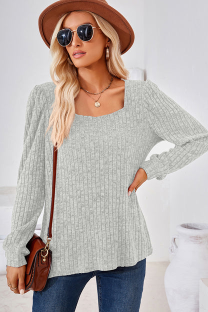 Ribbed Square Neck Long Sleeve T-Shirt-Angel Casuals