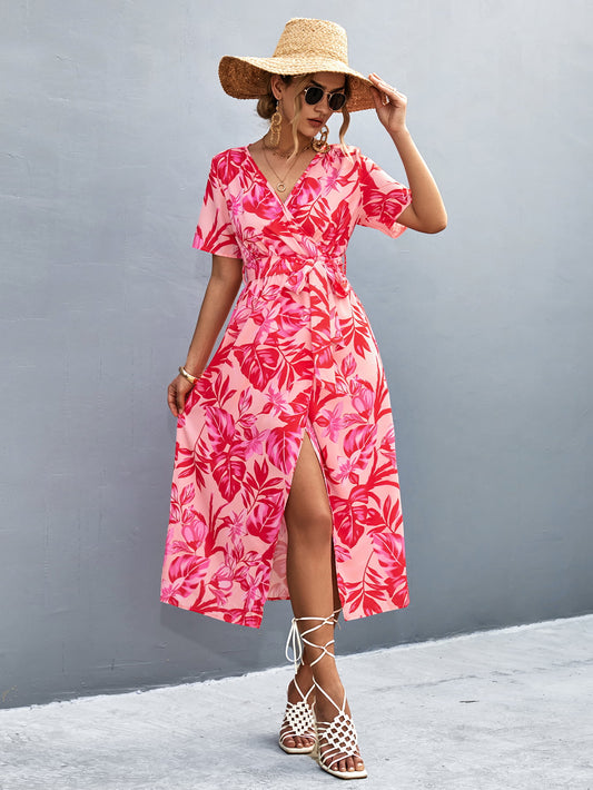 Floral Print High Slit Surplice Neck Tie Waist Midi Dress-Angel Casuals