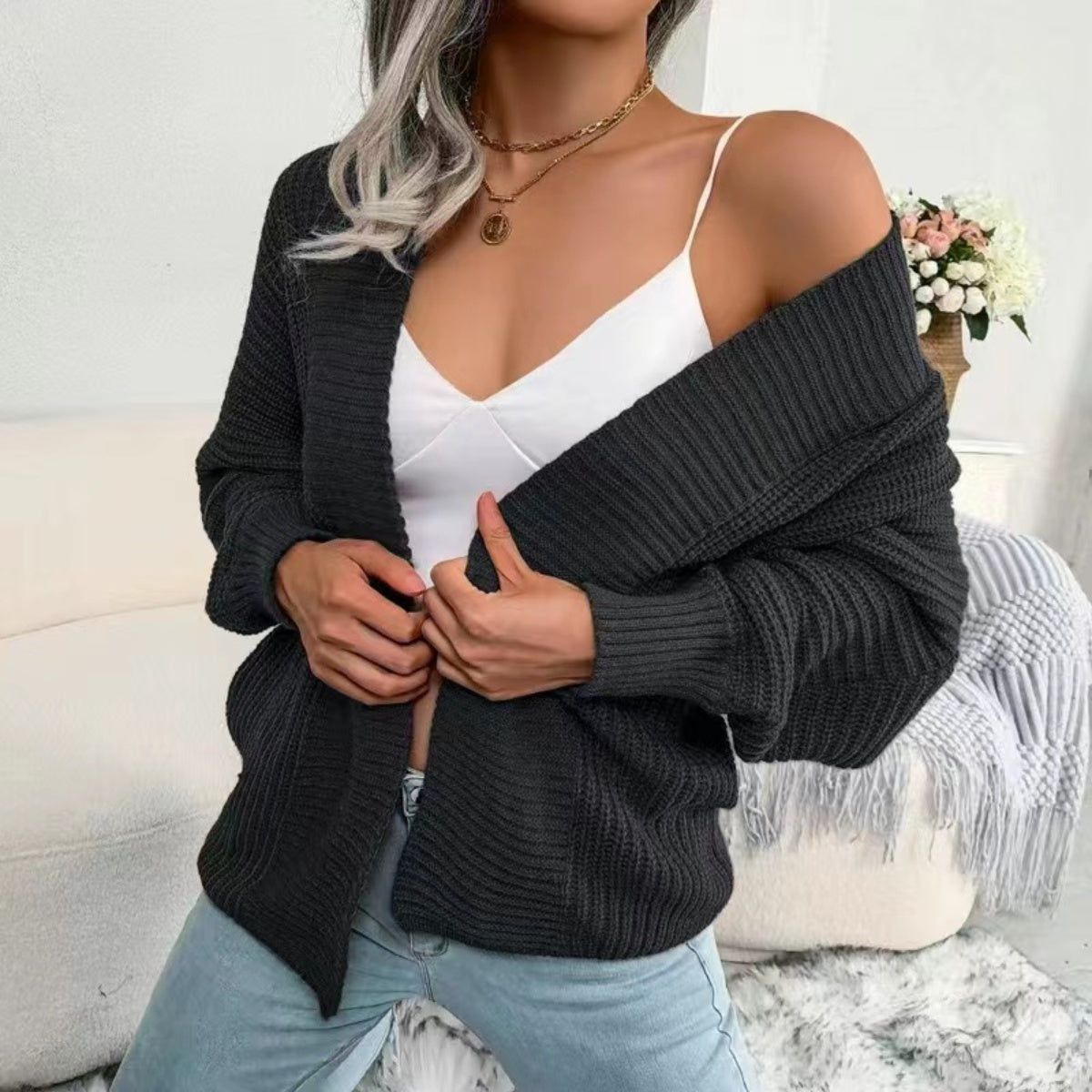 Open Front Lantern Sleeve Cardigan-Angel Casuals
