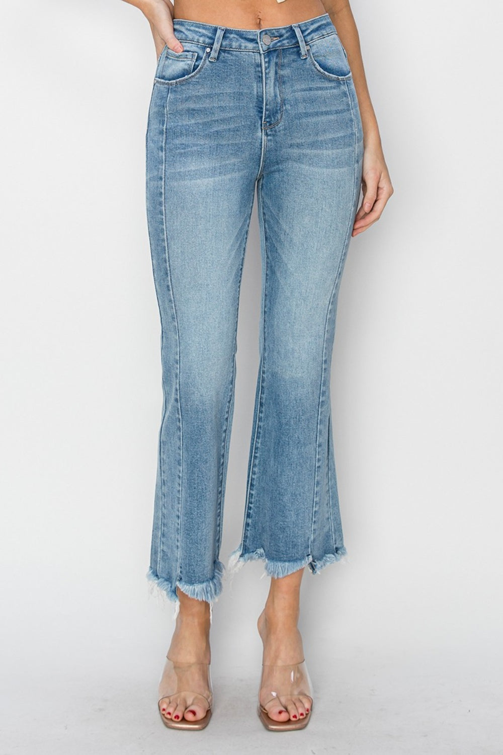 RISEN Full Size High Rise Frayed Hem Flare Jeans-Angel Casuals