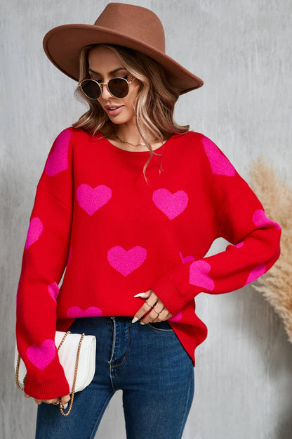 Angel Wings Heart Round Neck Dropped Shoulder Sweater-Angel Casuals