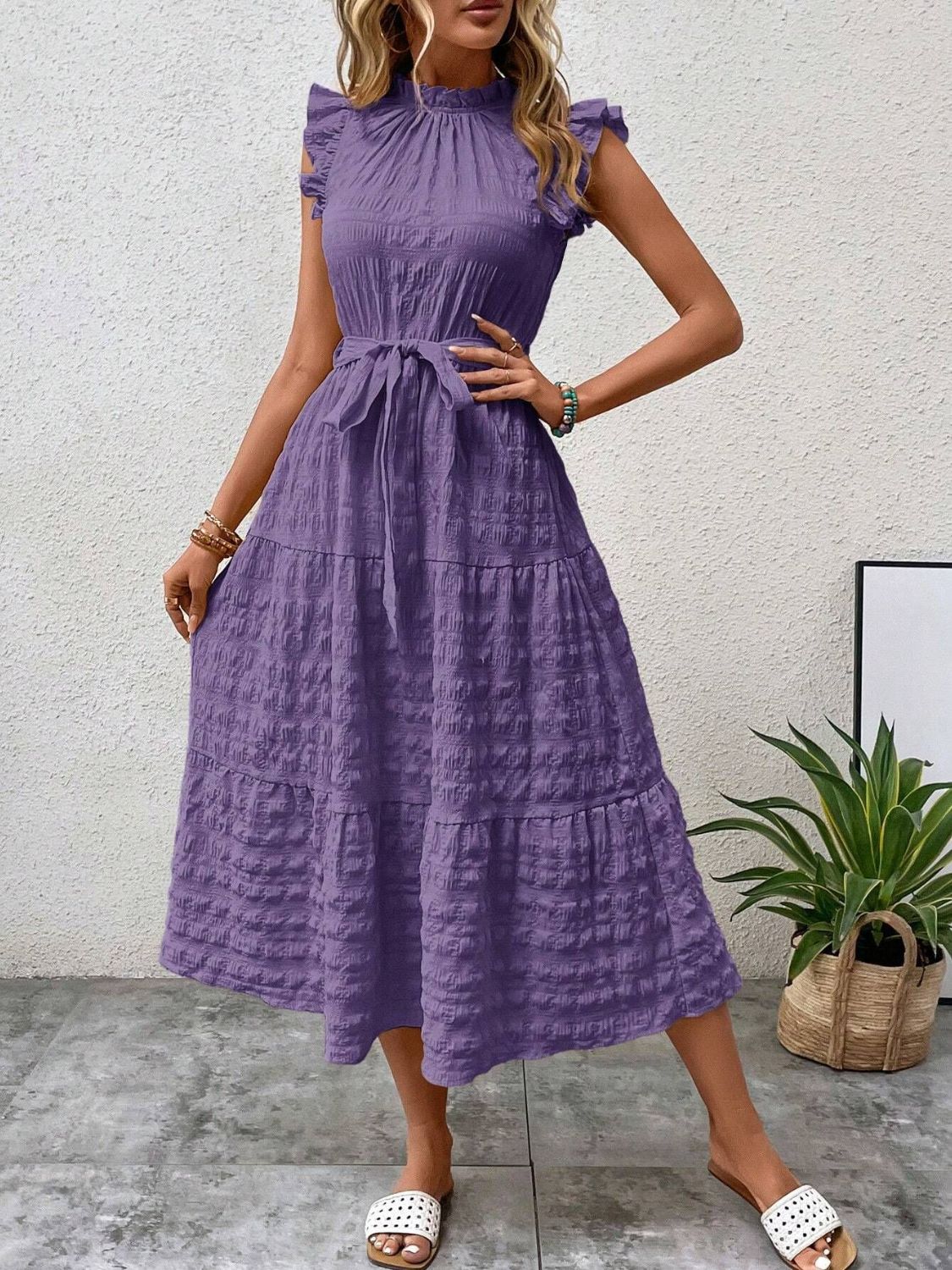 Tied Ruffled Cap Sleeve Midi Dress-Angel Casuals