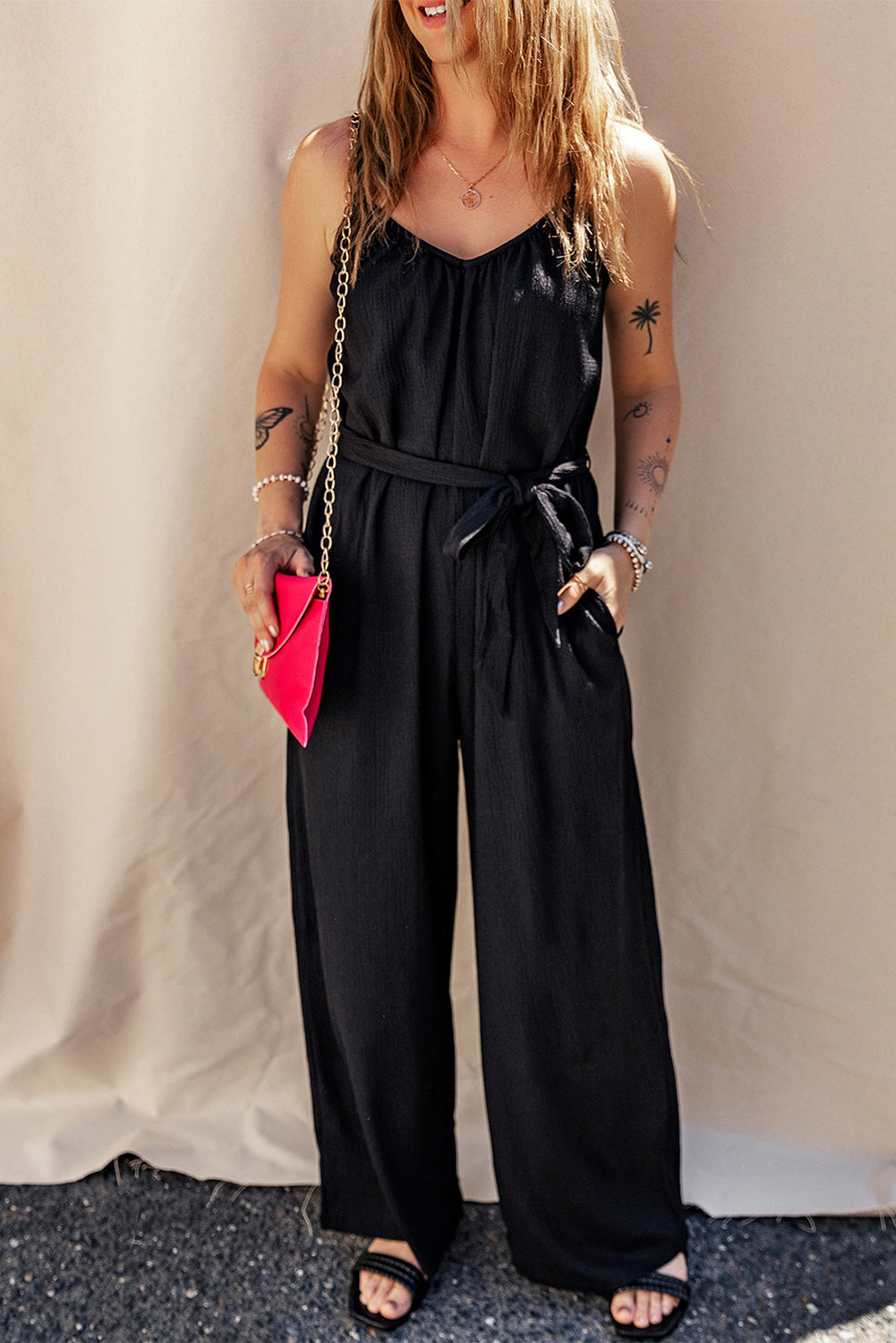 Tied V-Neck Spaghetti Strap Jumpsuit-Angel Casuals