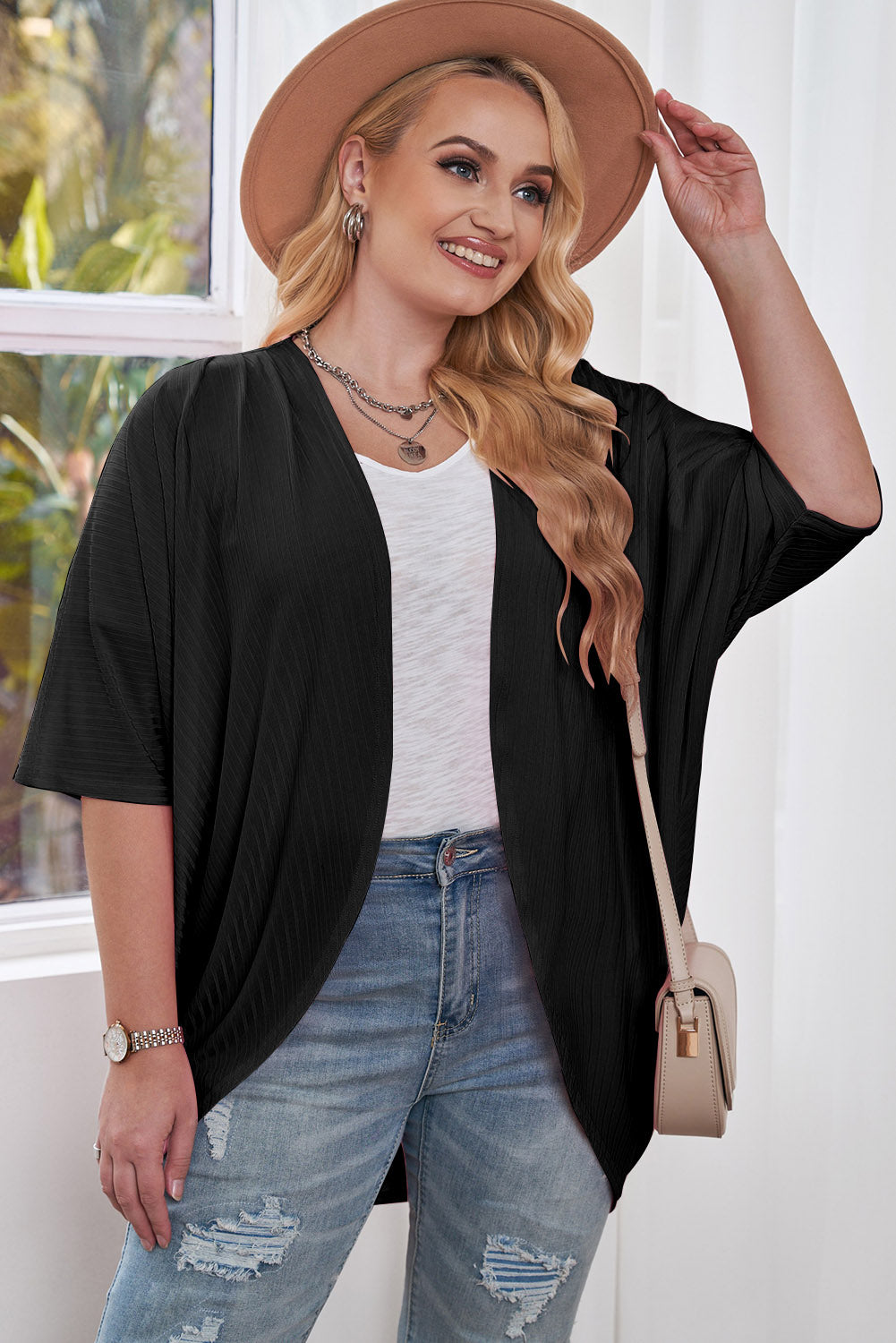 Plus Size Ribbed Cocoon Cover Up-Angel Casuals