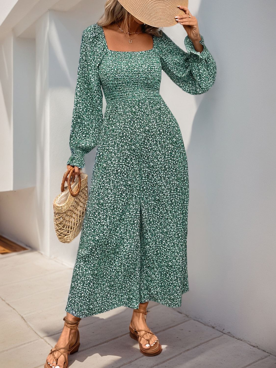 Perfee Smocked Printed Long Sleeve Wide Leg Jumpsuit-Angel Casuals
