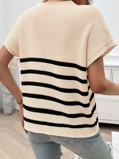 Devine Striped Round Neck Short Sleeve Sweater-Angel Casuals