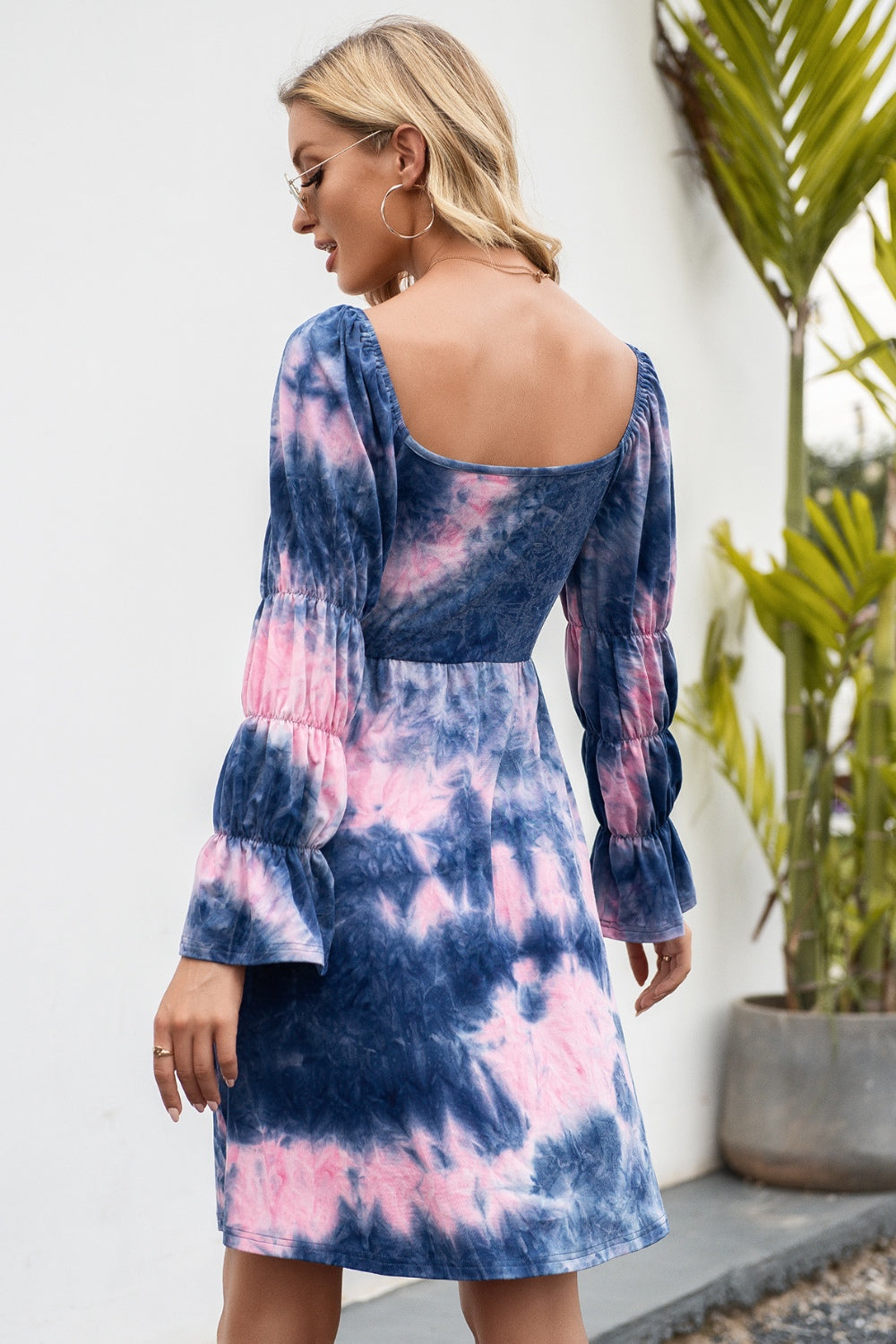 Tie-Dye Square Neck Flounce Sleeve Dress-Angel Casuals