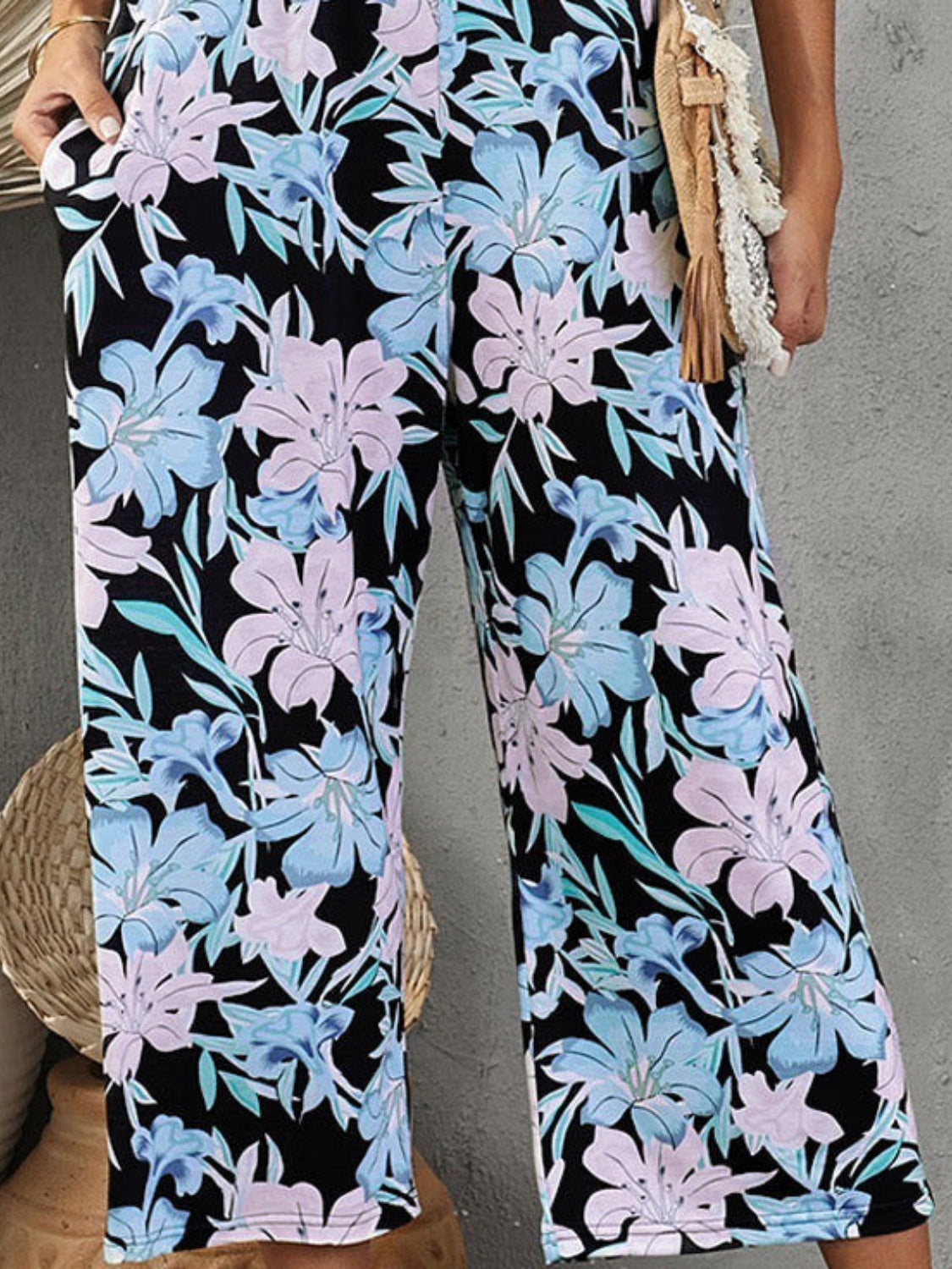 Printed Spaghetti Strap Jumpsuit with Pockets-Angel Casuals