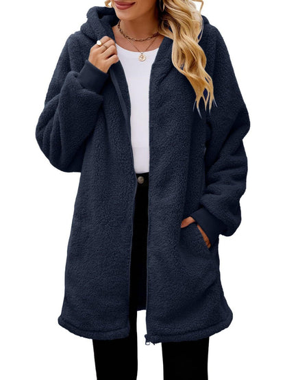 Fuzzy Pocketed Zip Up Long Sleeve Hooded Jacket-Angel Casuals