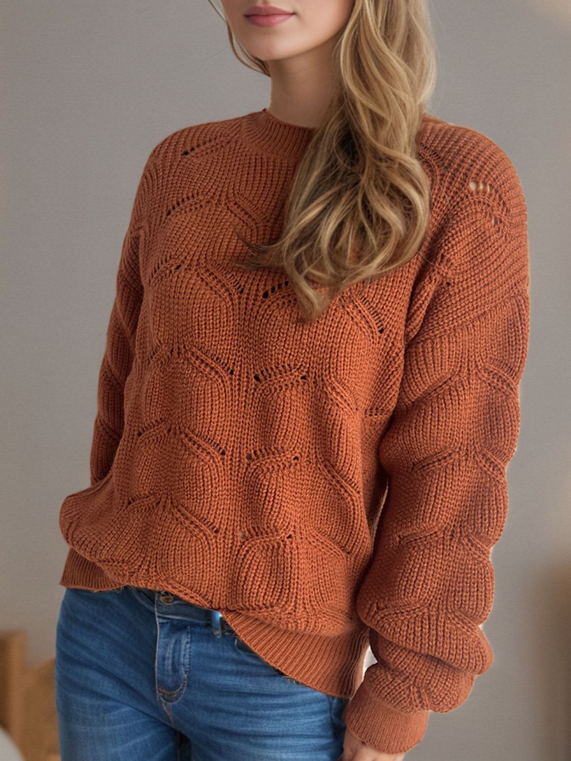 Openwork Round Neck Dropped Shoulder Sweater-Angel Casuals