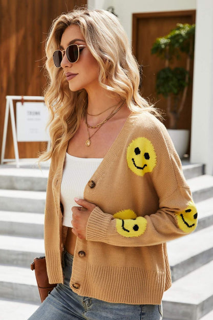 Smiley Face Ribbed Trim V-Neck Cardigan-Angel Casuals