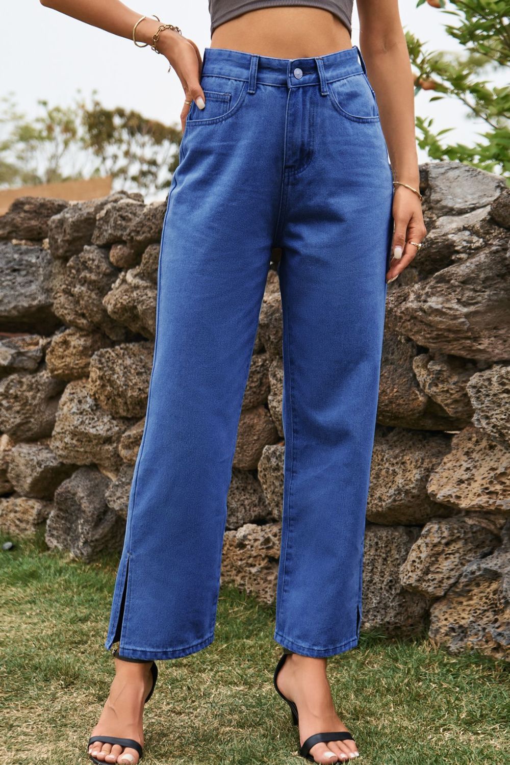 High Waist Loose Fit Ankle Slit Jeans-Angel Casuals