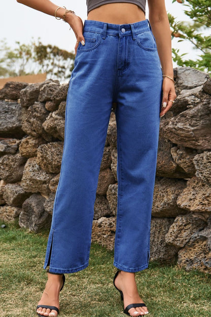 High Waist Loose Fit Ankle Slit Jeans-Angel Casuals