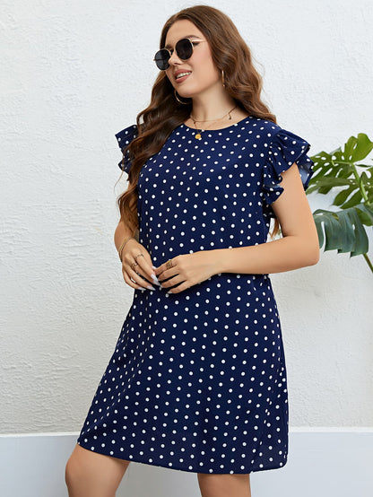 Plus Size Polka Dot Round Neck Dress-Angel Casuals