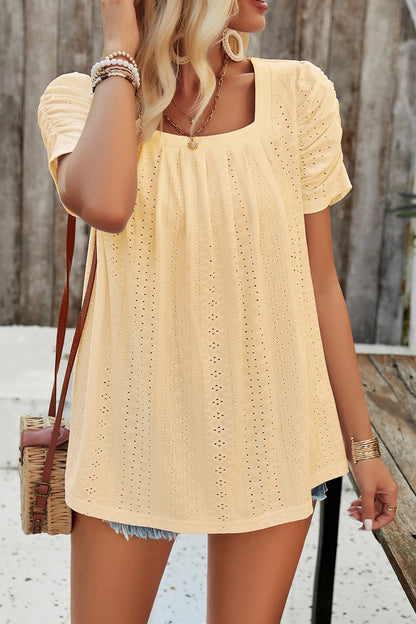 Eyelet Square Neck Puff Sleeve T-Shirt-Angel Casuals