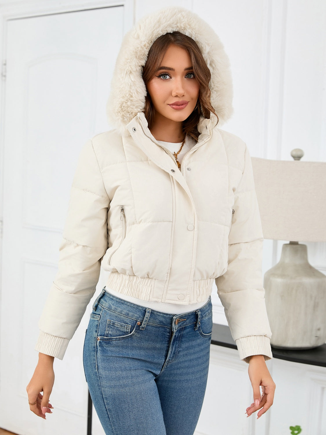 Pocketed Long Sleeve Cropped Hooded Winter Coat-Angel Casuals
