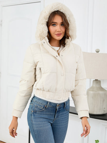 Pocketed Long Sleeve Cropped Hooded Winter Coat-Angel Casuals
