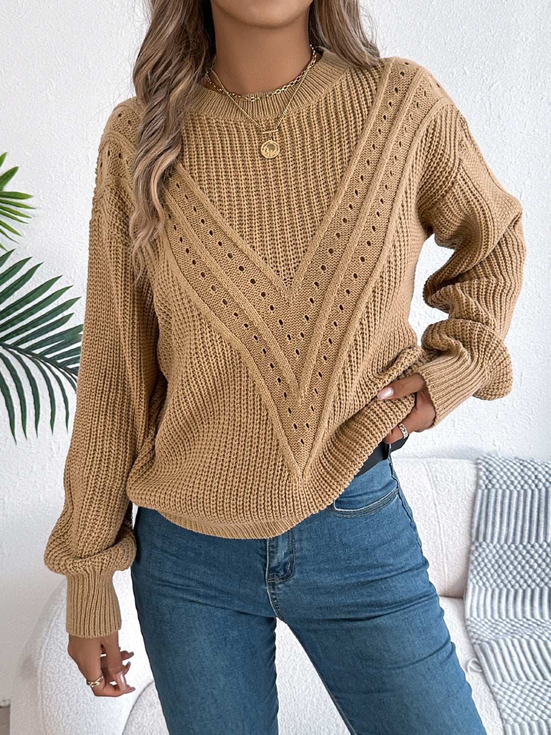 Openwork Round Neck Long Sleeve Sweater-Angel Casuals