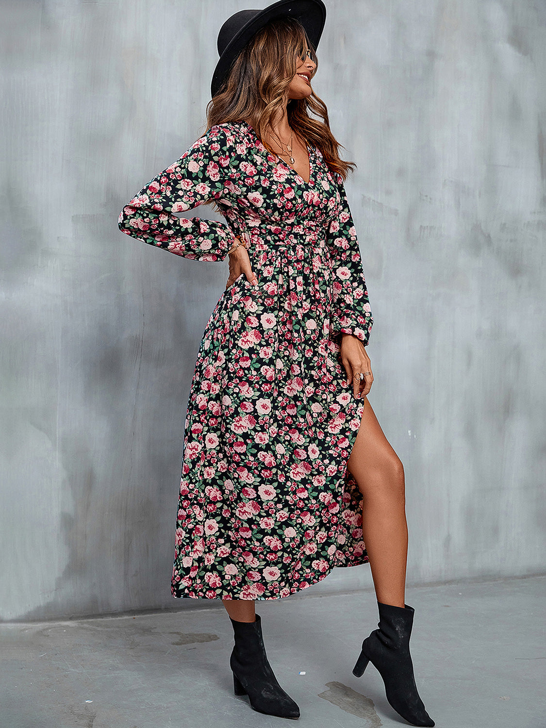 Floral V-Neck Slit Midi Dress-Angel Casuals