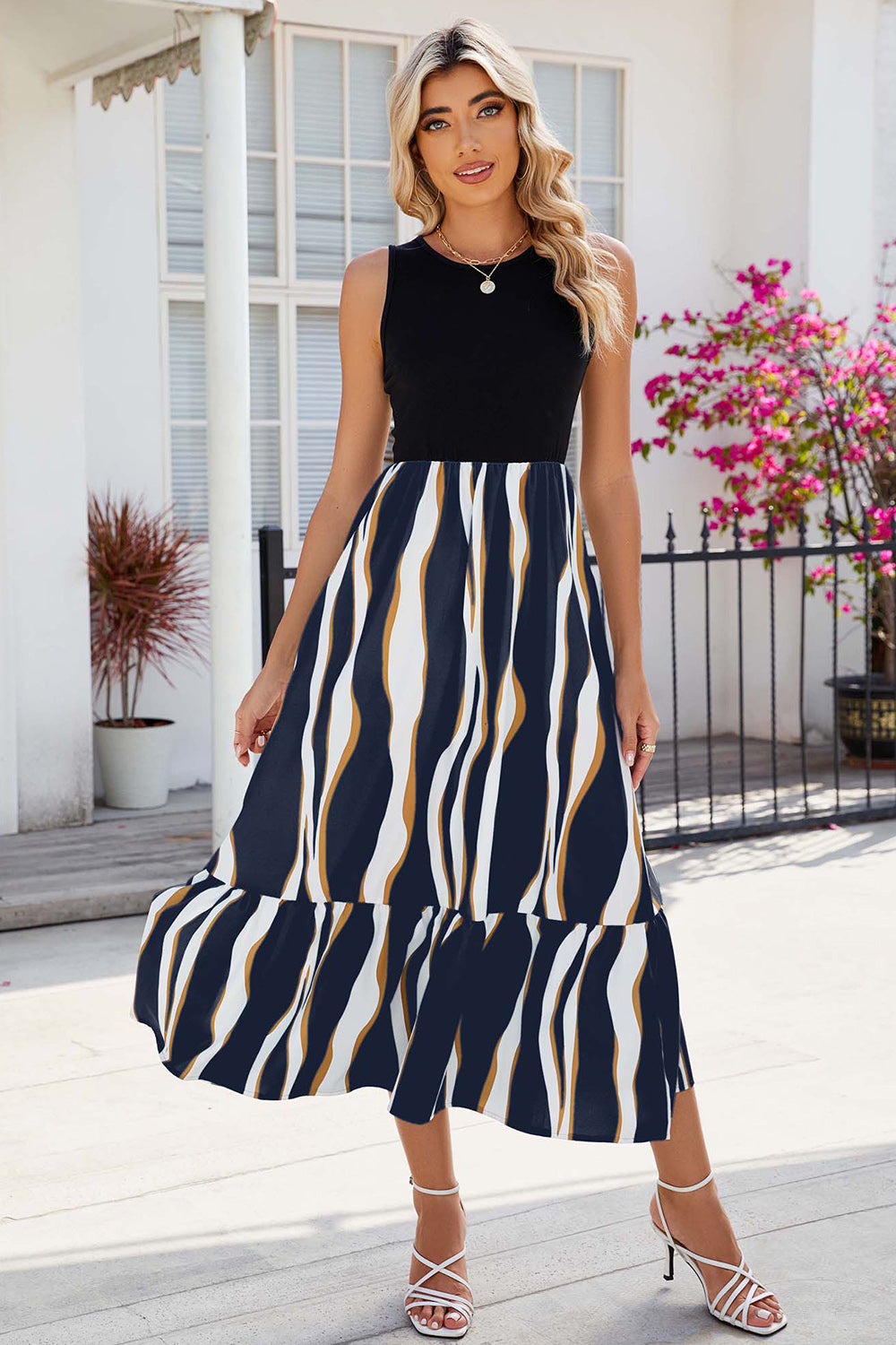 Striped Round Neck Sleeveless Midi Dress-Angel Casuals