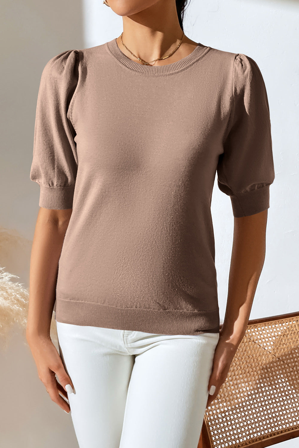 Round Neck Puff Sleeve Knit Top-Angel Casuals