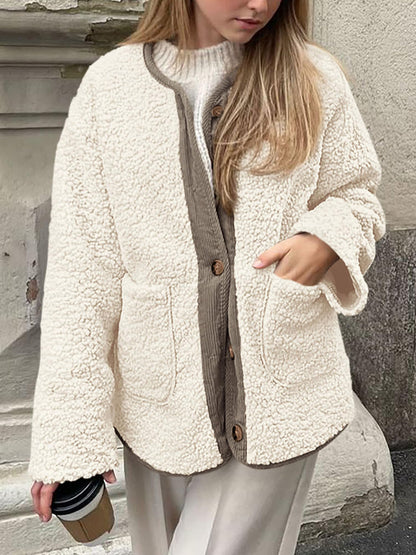 Contrast Button Up Sherpa Jacket with Pockets-Angel Casuals