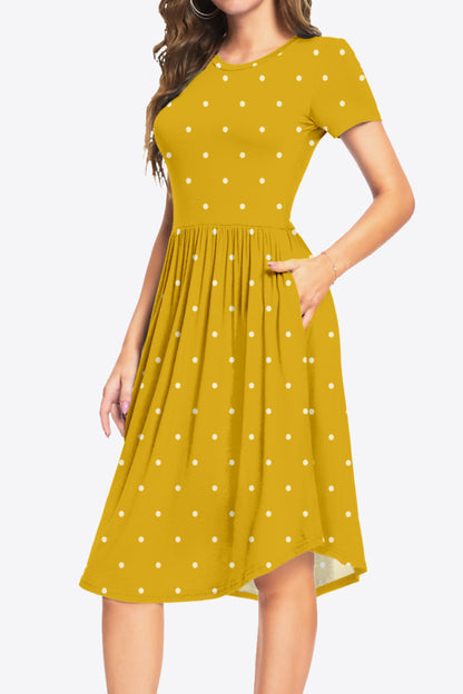 Printed Round Neck Short Sleeve Dress with Pockets-Angel Casuals