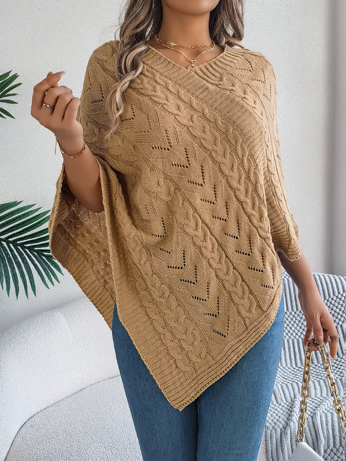 Cable-Knit Openwork Three-Quarter Sleeve Sweater-Angel Casuals